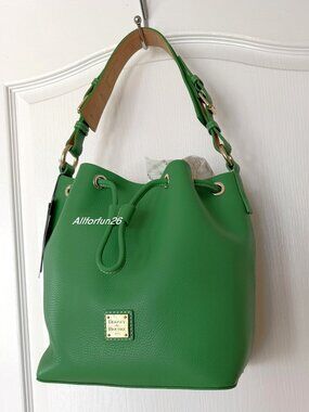 Dooney & Burke Drawstring Shoulder Bucket Bag Lucca Leather Kelly Grass Green